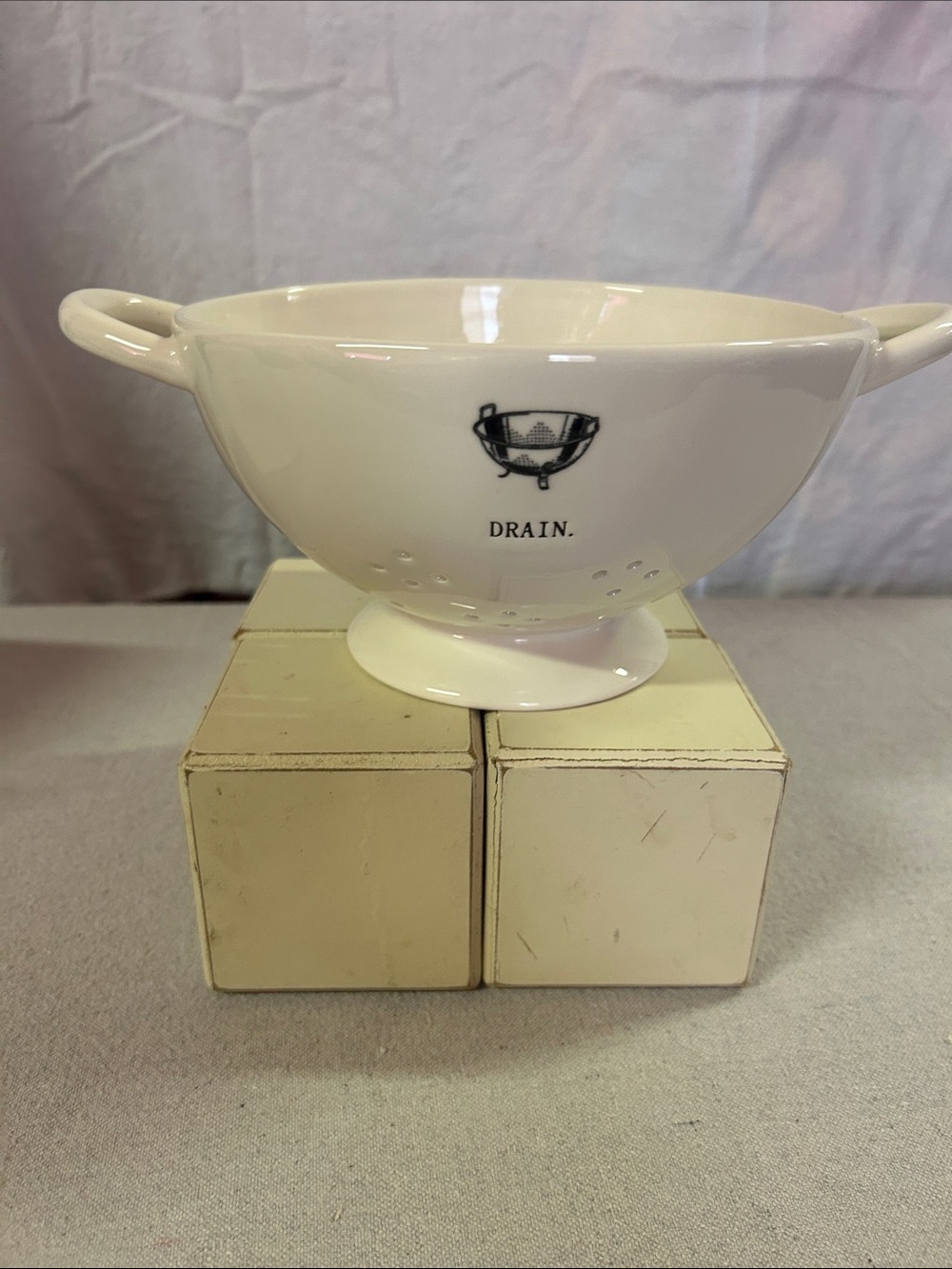 Rae Dunn White Ceramic Colander with Black 'DRAIN.' Print